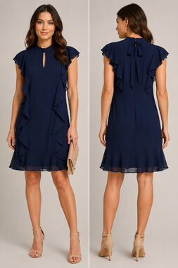 Nanette Lepore Navy Ruffle Shift Dress Flutter Sleeve Keyhole Neck Size 10